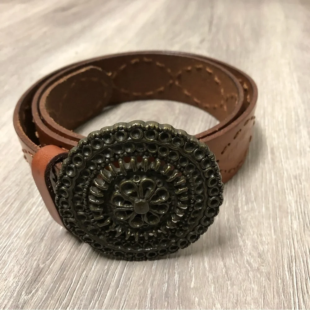 Fossil Vintage Wide Leather Belt with Circle Belt Brass Buckle Size Medium